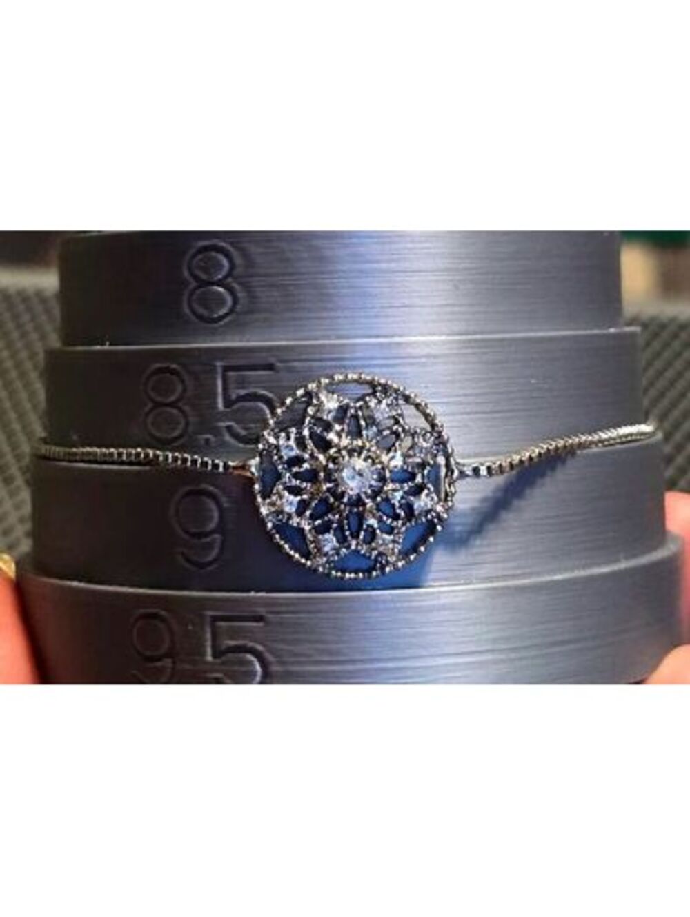 Silver-Tone Filigree Snowflake Medallion Slider Bracelet with Rhinestone Accents